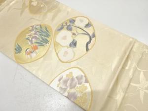 椿に鴛鴦・菖蒲模様織り出し　袋帯